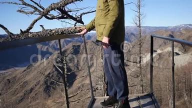 一个年轻人<strong>站在</strong>一棵老干树附近的<strong>山顶</strong>上，看着山谷和山脉的全景
